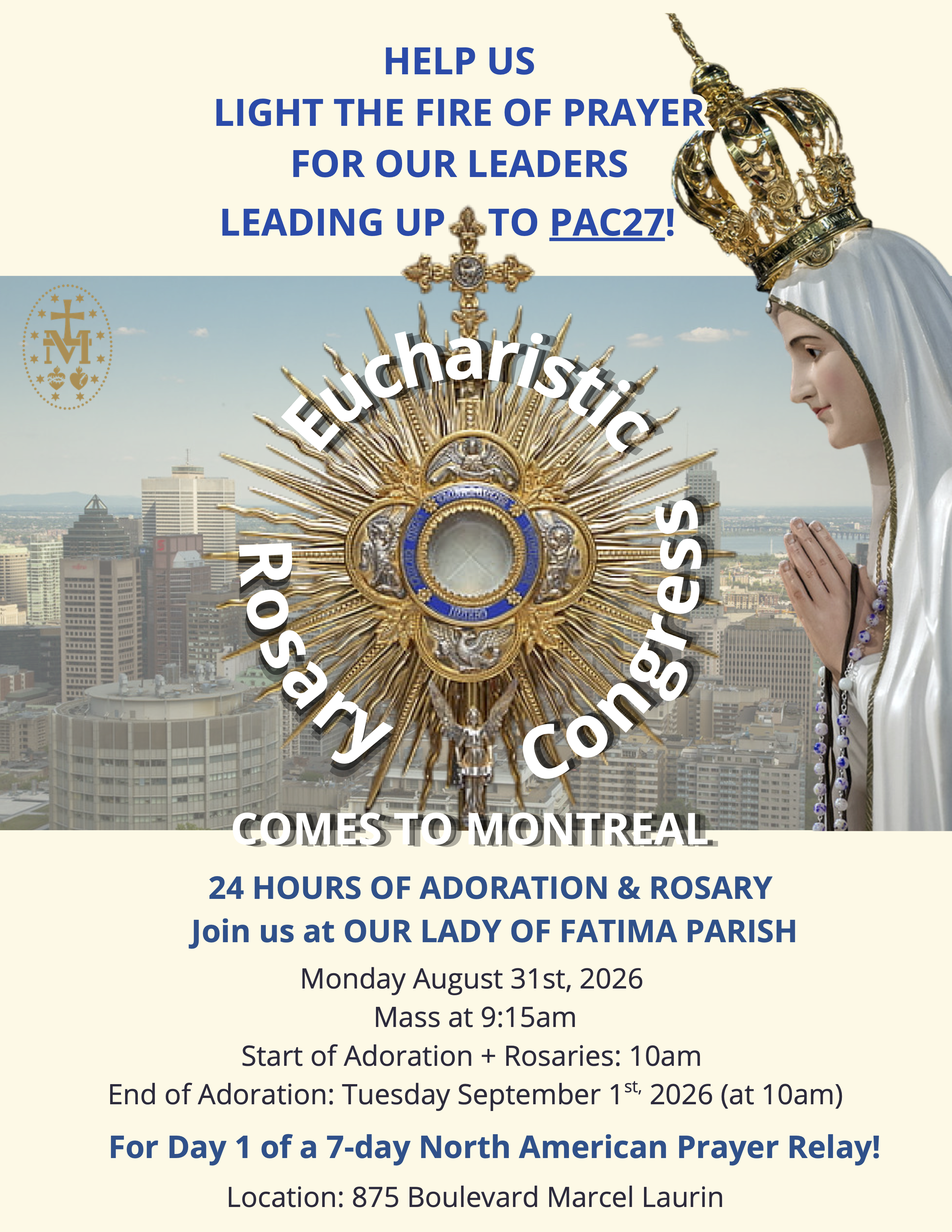 Eucharistic Rosary Congress Comes to Montreal - 24 Hours of Adoration & Rosary at Our Lady of Fatima Parish, Monday August 31, 2026
